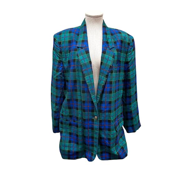 Leslie Fay Plus Size 80s Tartan Blue Green Plaid Blazer Size 18 - Picture 1 of 11
